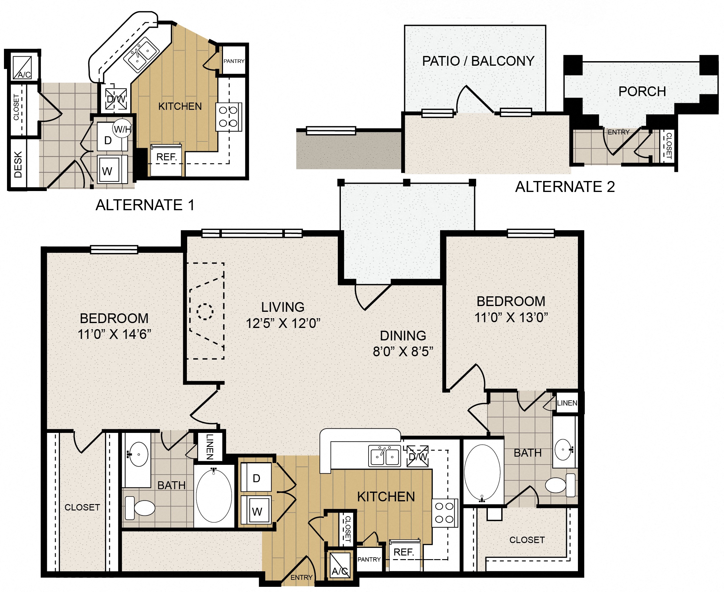 Floor plan for 2 beds, 2 baths, 1197 sqft
